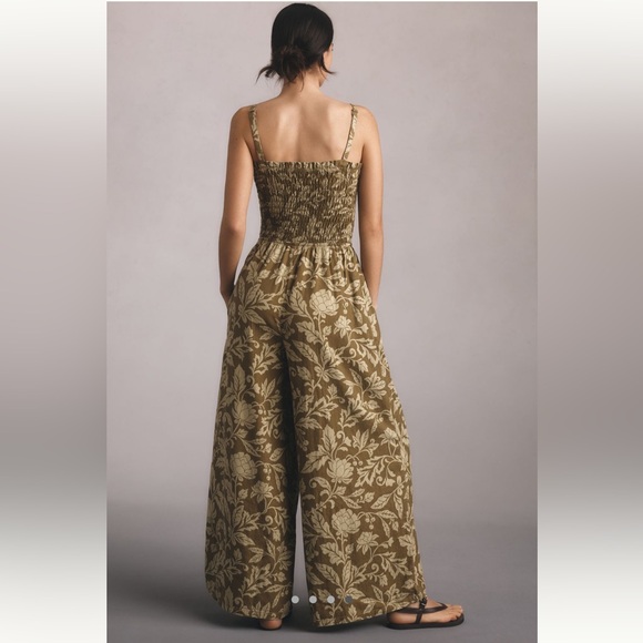 Anthropologie Pilcro Smocked Printed Linen Jumpsuit in Moss - Picture 3 of 9